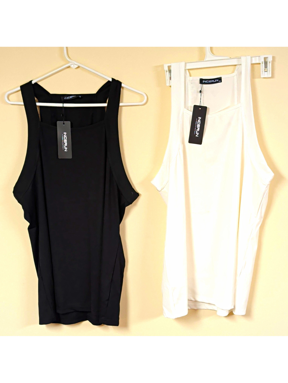 INCERUN Ribbed Square Neck Sleeveless Tank Tops Set 2 Black/White Men's 2XL